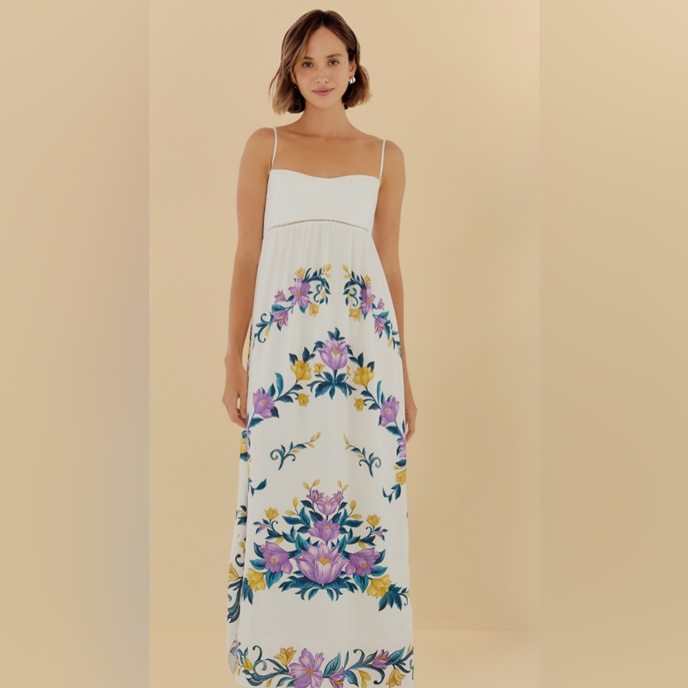 FARM Rio Elegant White Maxi Dress with Floral Accents